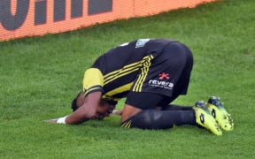 Wellington Pheonix's Roy Krishna celebrates his goal during the A-League 2018/19 game between Wellington Phoenix vs Western Sydney Wanderers.