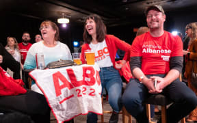 Supporters of opposition leader Anthony Albanese gather at the Labor headquarters at Canterbury-Hurlstone Park RSL Club during Australia's general election in Sydney on May 21, 2022. (Photo by Wendell Teodoro / AFP)