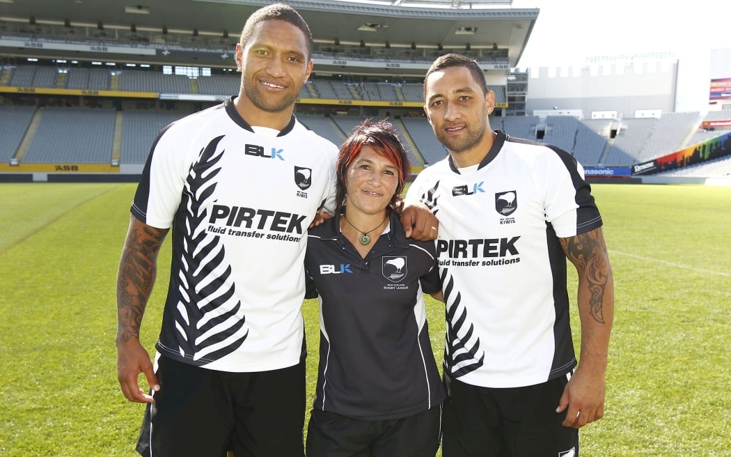 Kiwis Camp Mother Carmen Taplin with Manu Vatuvei and Benji Marshall. Kiwis Captain's Run ahead of the Kiwis versus Kangaroos Test Match, Eden Park, Auckland, Thursday 19 April 2012. Copyright Photo: www.photosport.nz