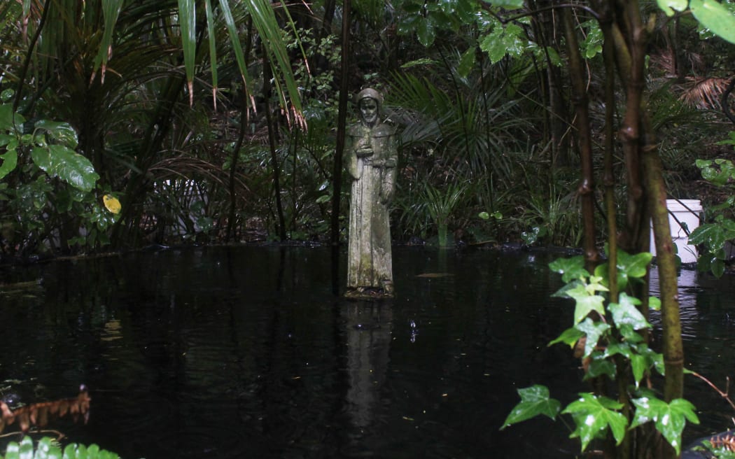 Saint Francis of Assisi watches over a pool at Pete's home in the bush