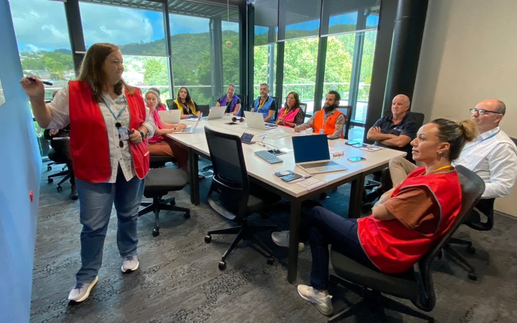 A Whangārei Civil Defence emergency operations centre planning meeting about how to deal with the Helena Bay hill slip and affected community