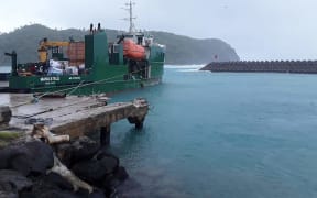 The damaged MV Manu'atele remains in dock