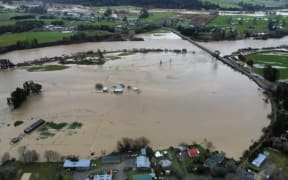 An aerial view of the flooding in Tapawera on the afternoon of 27 June 2025.