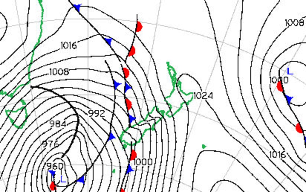 Predictions like this one for noon tomorrow show heavy rain and winds are expected to affect southern and central New Zealand.