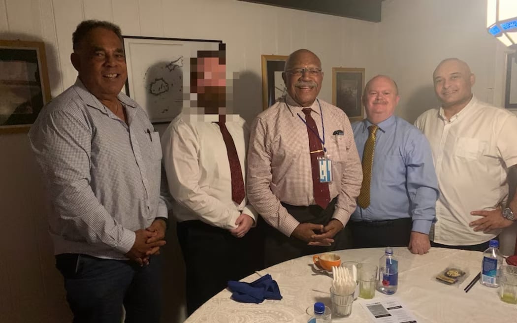 Attending a meeting are (from left) Retired Colonel Sakiusa Raivoce, Joel, Fijian Prime Minister Sitiveni Rabuka, Peter Cowell and Fijian High Commissioner Ajay Amrit.  (Supplied)