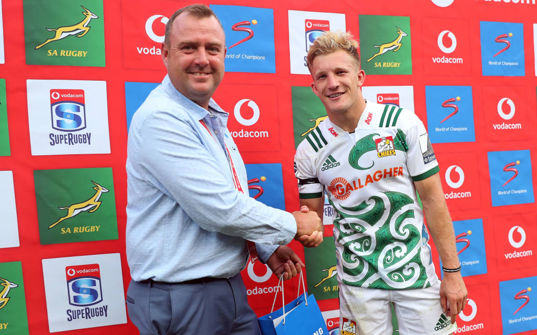 Chiefs fullback Damian McKenzie receives the man of the match award after guiding his side to a resounding 56-20 win over the Bulls in Pretoria