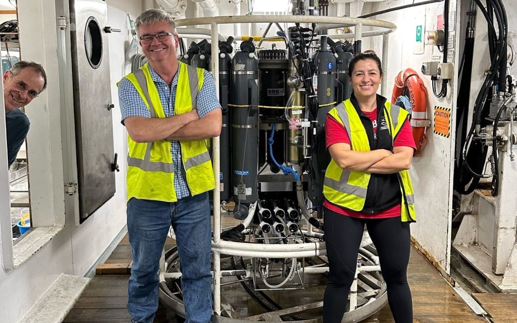 ARGO voyage 2023 - NIWA physical oceanographers Drs Denise Fernandez and Phil Sutton on board RV Tangaroa and Dave Murphy (Sea-Bird Scientific) around the corner.