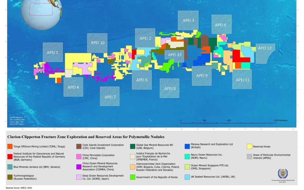 The International Seabed Authority is responsible for regulating activity in the Clarion-Clipperton Zone, which has been divvied up between different countries for the purposes of potential deep-sea mining. (Image: International Seabed Authority)