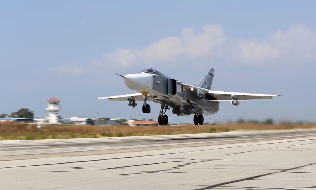 Russian Sukhoi Su-24 bomber taking off from the Hmeimim airbase in the Syrian province of Latakia.