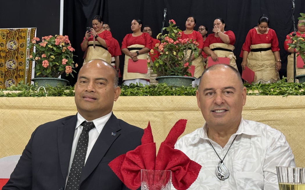 Nauru President David Adeang (left) and Cook Islands Prime Minister Mark Brown attend the opening ceremony of the 53rd Pacific Islands Forum Leaders' Meeting. August 26, 2024
