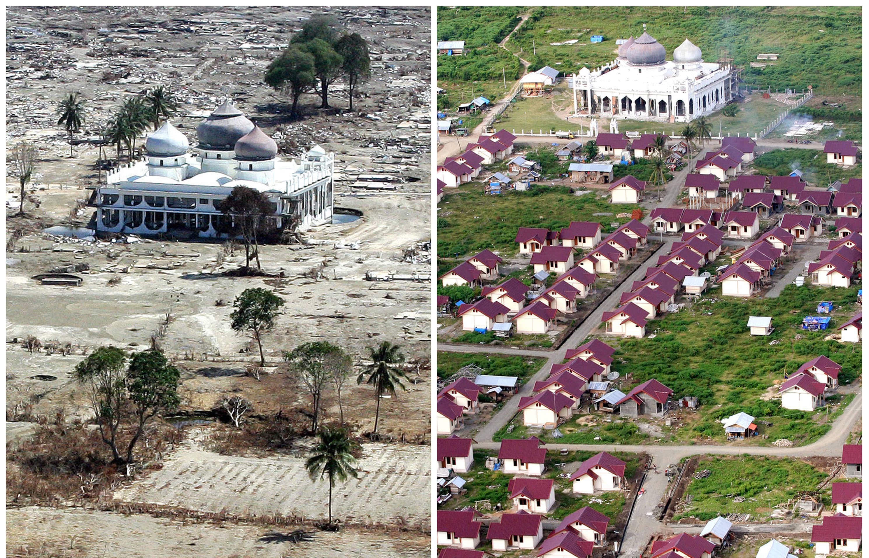 A file photo (left) taken 15 January, 2005 of an Aceh mosque only a few weeks after the 2004 tsunami devastated the coast of Aceh, and a 08 December, 2006 handout picture (right) taken by the Aceh and Nias Reconstruction and Rehabilition Agency.