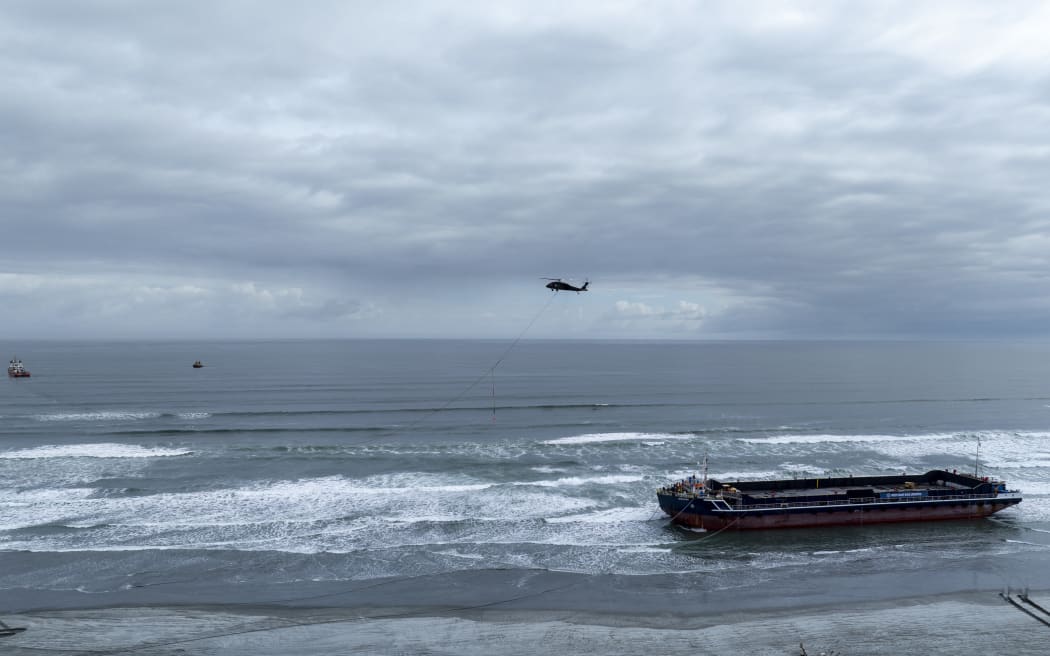The Manahau barge, stranded at Westport's Carters Beach was successfully refloated on 6 September 2024.