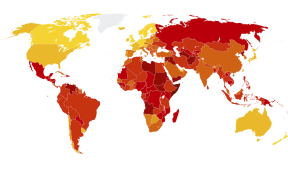 Corruption in the world. Yellow for the least corruption, darker red for most corruption.