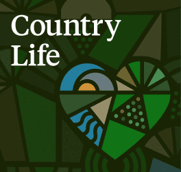 An abstract heart constructed from shapes similar to rural fields seen in aerial photography sits behind the text ‘Country Life’.