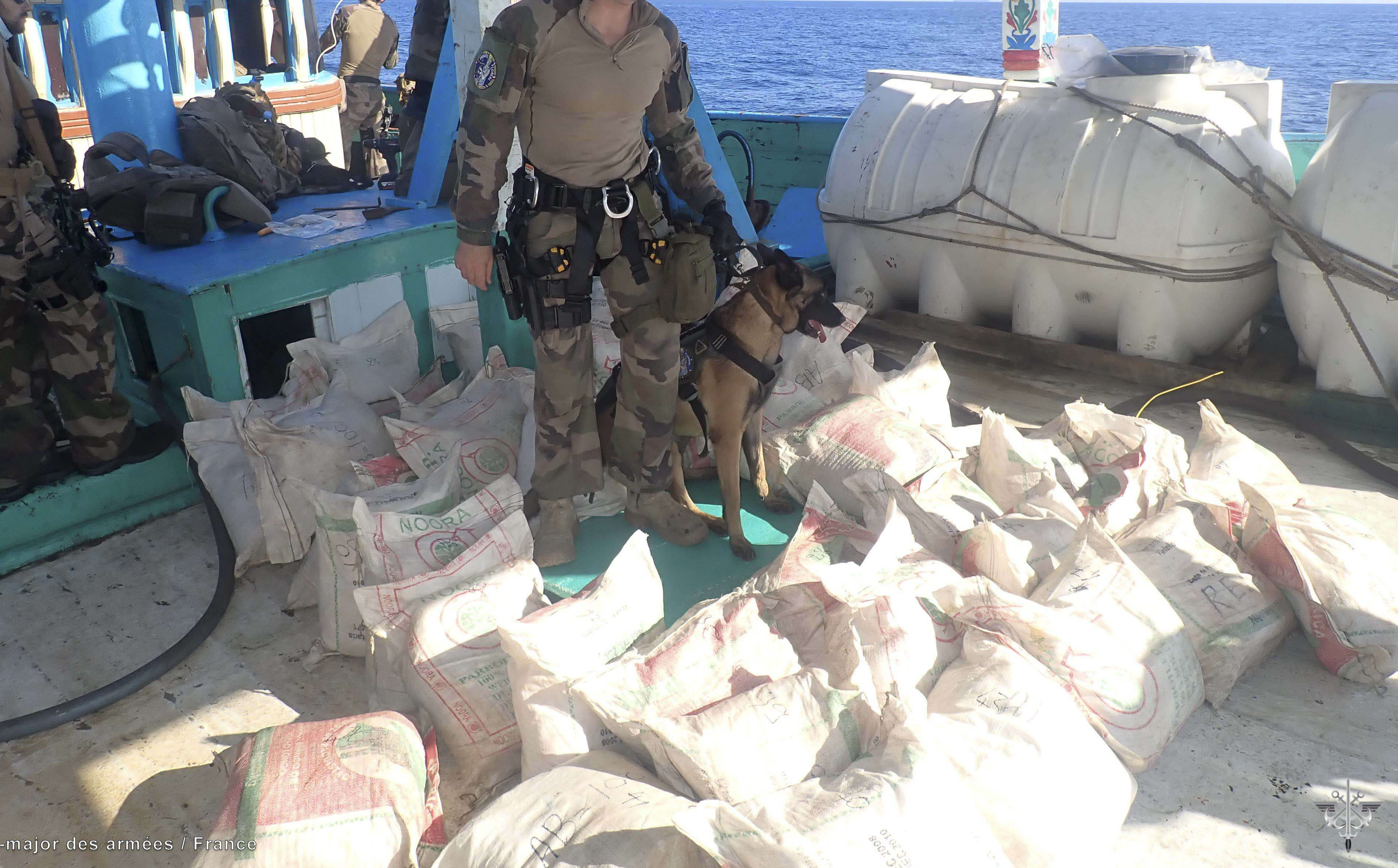 Sailors on French Frigate FS Floreal intercept vessels in the Indian Ocean and inventory illicit drugs seized.