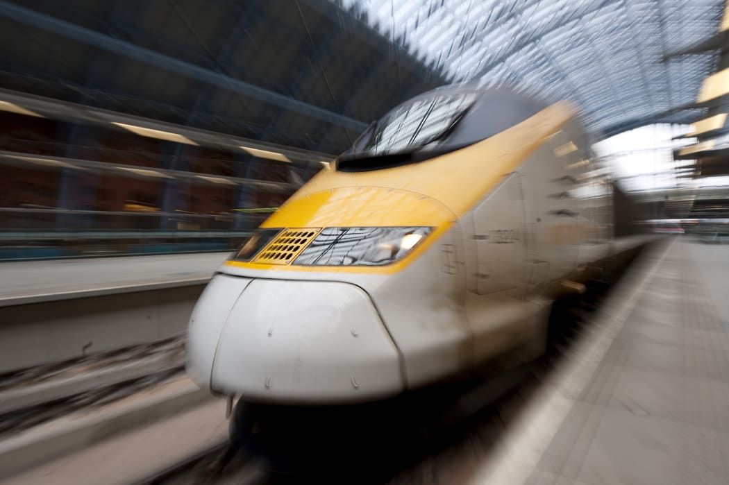 A Eurostar train arrives at Kings Cross St Pancras station in London.