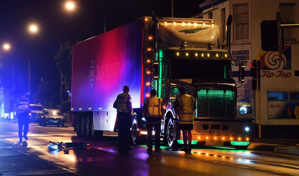 The scene of the crash between a Lime e-scooter and a truck in Dunedin.