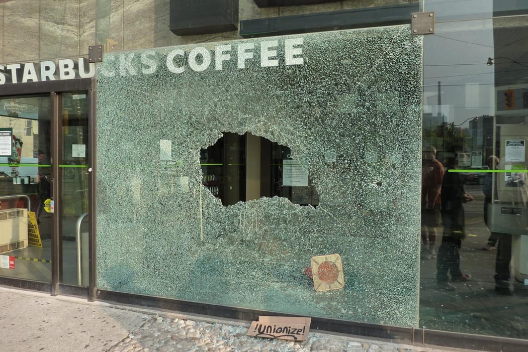 A front window of a Starbucks coffee shop damaged in the 2010 G20 Toronto summit protests