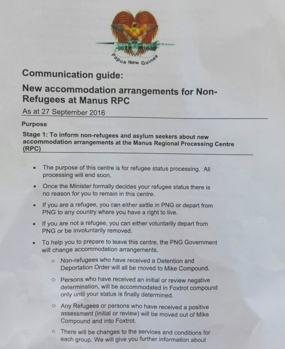 The notice about new accommodation for men on the illegal detention centre on Manus Island.