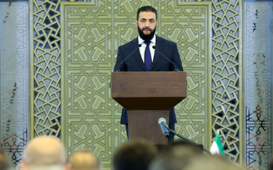 Interim President Ahmed al-Sharaa speaking in Damascus on 29 March.