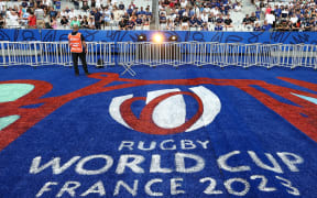 This general view shows the tournament logo ahead of the France 2023 Rugby World Cup Pool A match between France and New Zealand at the Stade de France in Saint-Denis, on the outskirts of Paris on September 8, 2023. (Photo by FRANCK FIFE / AFP)