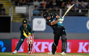 Josh Clarkson is bowled during the second T20 Chappell-Hadlee cricket international between Australia and New Zealand at Eden Park in Auckland, 2024.