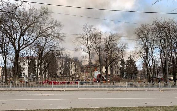 An image published on the Telegram account of Donetsk governor Pavlo Kirilenko on 16 March, 2022, shows the Drama Theatre destroyed by shelling in Mariupol.