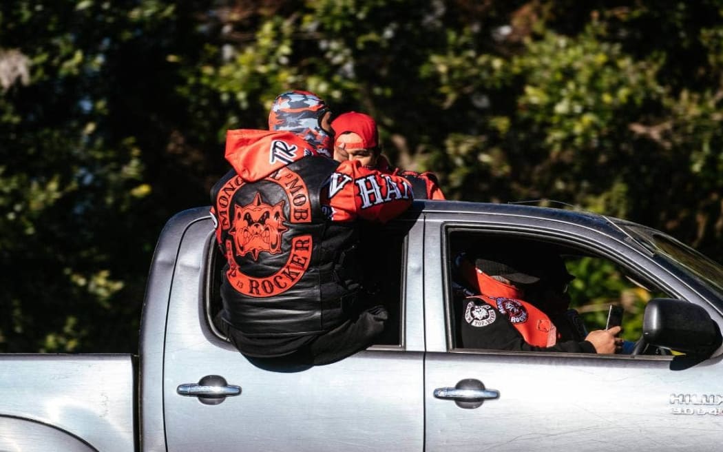 Mongrel Mob members at the funeral procession for Steven Rota Taiatini.