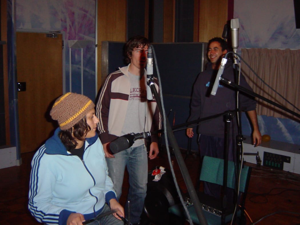 Anika Moa, Mike Hall and Ned Ngatae preparing for a live performance with Dimmer at RNZ's Helen Young Studio