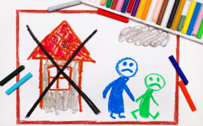 Colorful drawing: Two sad people leave their home. The problem of homelessness, eviction or moving out