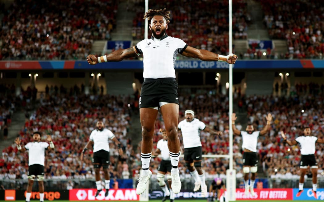 BORDEAUX, FRANCE - SEPTEMBER 10: Waisea Nayacalevu of Fiji leads the Cibi during the Rugby World Cup France 2023 match between Wales and Fiji at Nouveau Stade de Bordeaux on September 10, 2023 in Bordeaux, France. (Photo by World Rugby - Handout/World Rugby via Getty Images)