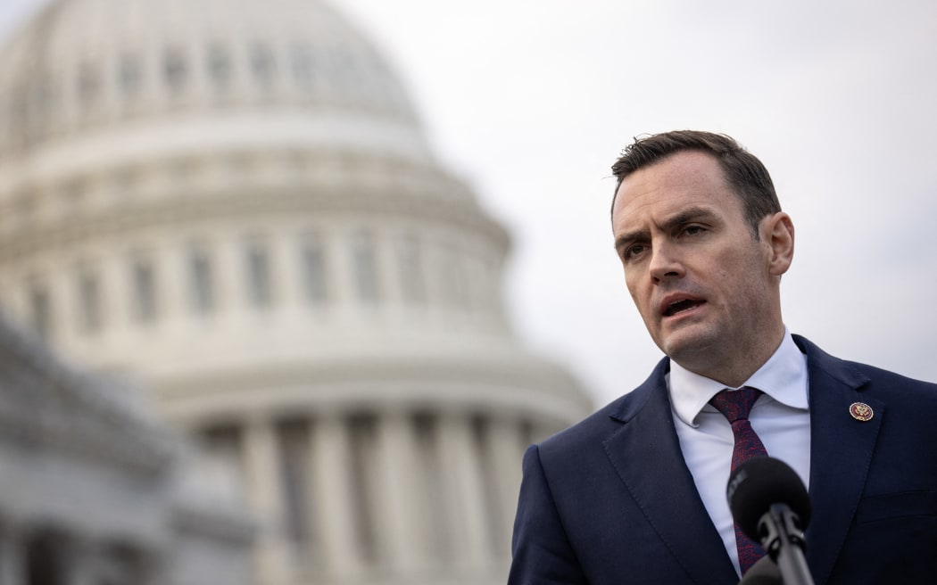 WASHINGTON, DC - NOVEMBER 29: Chairman of the House Select Committee on China Rep. Mike Gallagher (R-WI) delivers remarks to commemorate the one-year anniversary of the White Paper movement in China alongside a group of students and Chinese pro-democracy activists outside the U.S. Capitol November 29, 2023 in Washington, DC. The event was held to mark the one year anniversary of protests in China that called for an end to the zero-COVID lockdown policy and for Communist Party leader Xi Jinping to step down.   Drew Angerer/Getty Images/AFP (Photo by Drew Angerer / GETTY IMAGES NORTH AMERICA / Getty Images via AFP)