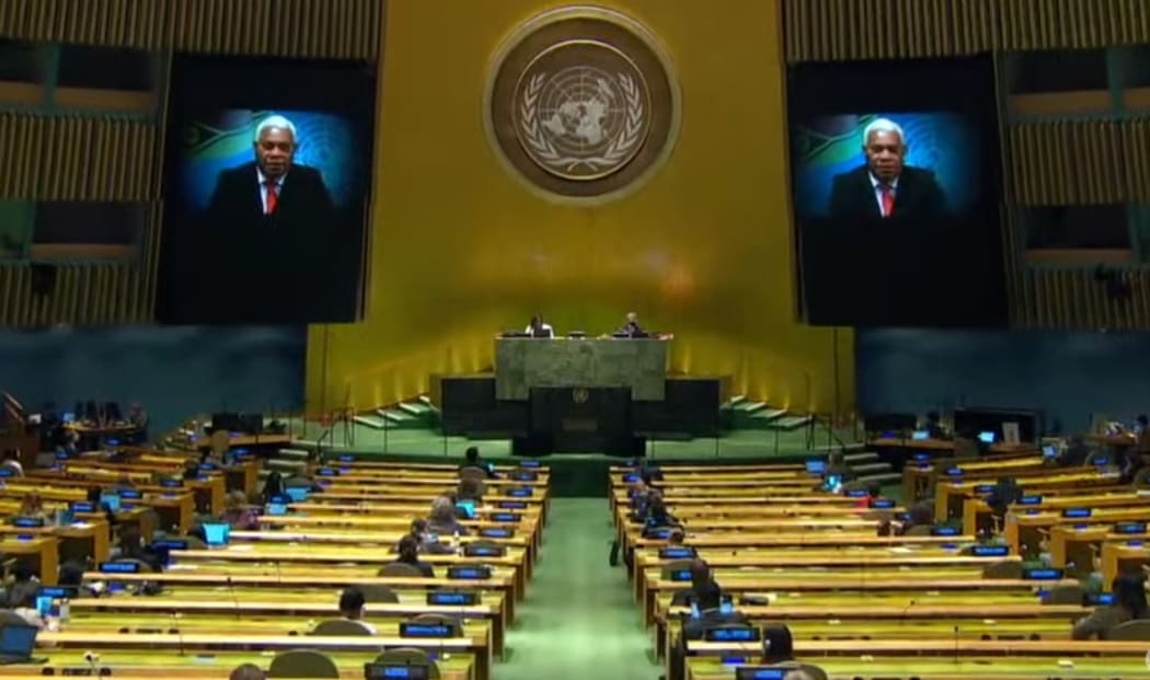 A pre-recorded speech by Vanuatu prime minister Bob Loughman plays via video at the UN General Assembly's 75th session.