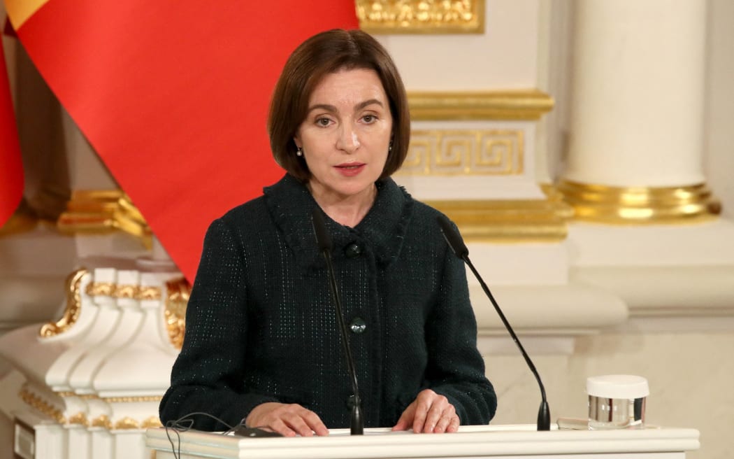 KYIV, UKRAINE - NOVEMBER 21, 2023 - President of the Republic of Moldova Maia Sandu speaks during a joint briefing with  President of Ukraine Volodymyr Zelenskyy and President of the European Council Charles Michel in Kyiv, capital of UkraineNO USE RUSSIA. NO USE BELARUS. (Photo by Ukrinform/NurPhoto) (Photo by Pavlo Bahmut / NurPhoto / NurPhoto via AFP)