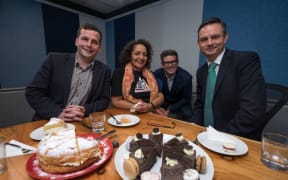 Act Party leader, David Seymour, Maori Party co-leader Marama Fox, Checkpoint host John Campbell and Green Party leader James Shaw in the Checkpoint studio for a minor party leader luncheon.