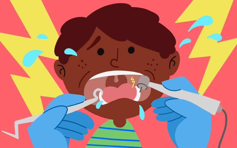 Stylised illustration of child scared of pain at the dentist.