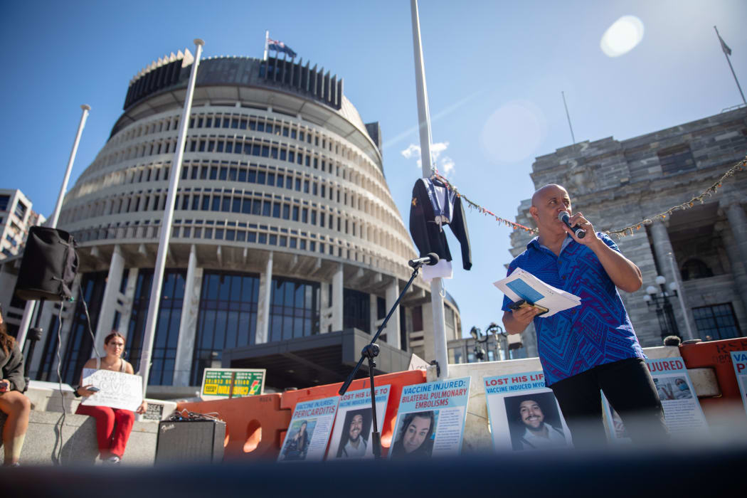 Anti-vaccine, anti-mandate protest in Wellington on Parliament grounds on ninth day - 16 February 2022.