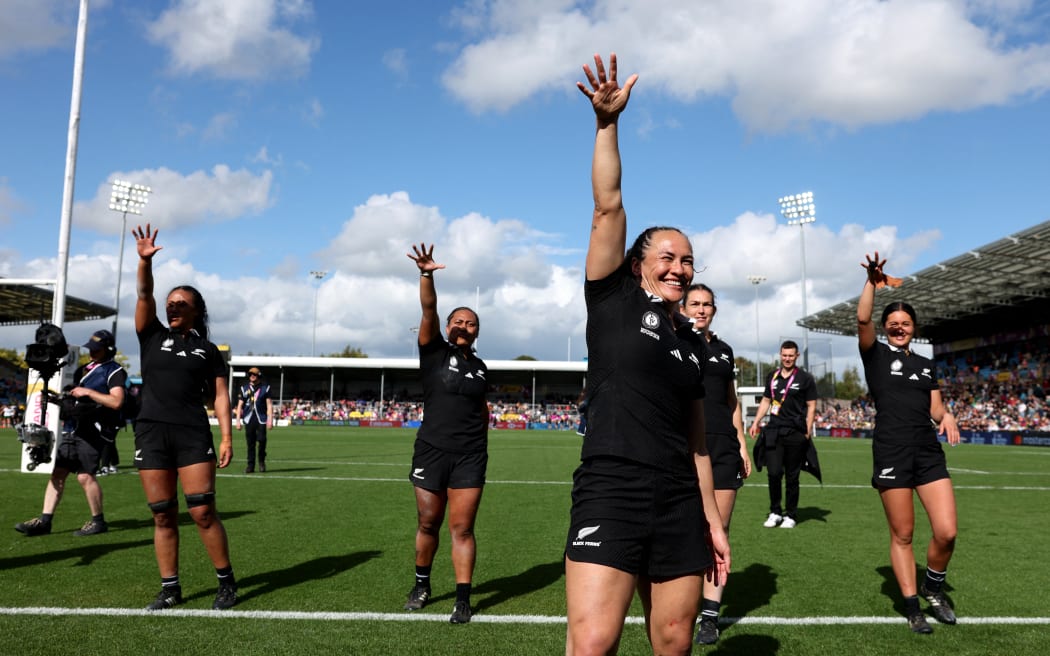 New Zealand's wing Portia Woodman-Wickliffe reacts following the Women’s Rugby World Cup quarter-final between New Zealand and South Africa at Sandy Park, Exeter, southwest England, on September 13, 2025. (Photo by Adrian DENNIS / AFP)