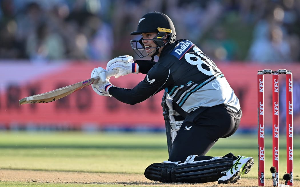New Zealand's Mark Chapman attacks during the second T20 cricket international against Sri Lanka at Mt Maunganui, 30 December, 2024.