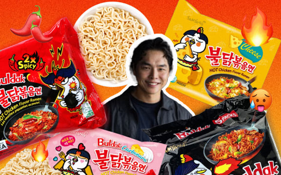 David Lee with Buldak spicy noodle packets and spicy imagery