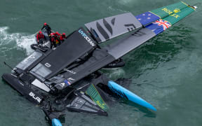 Black Foils SailGP Team helmed by Peter Burling and SailGP Team France helmed by Quentin Delapierre collide during the New Zealand Sail Grand Prix in Auckland, 2026.