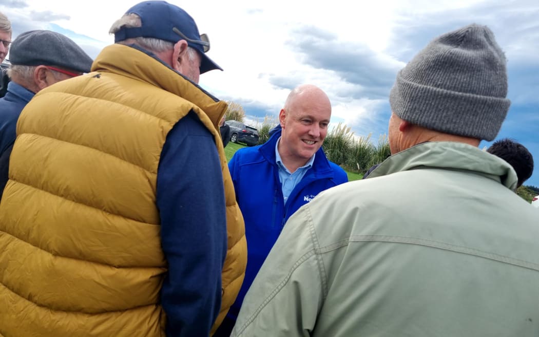 National Party leader Christopher Luxon meets farmers in Kirwee, west of Christchurch, ahead of announcing a primary industries policy on 14 September, 2023.