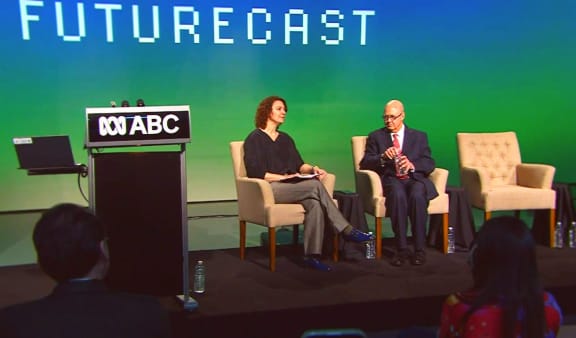 Angela Stengel, ABC’s Head of Digital Content & Innovation (L) and Kim Williams, chair of the ABC speaking at Futurecast 2024.