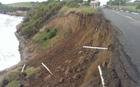 The collapsed section of Beach Road near Kakanui, North Otago.