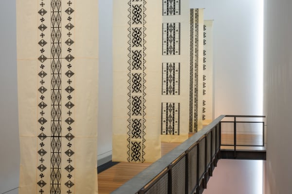 ‘Uhila Moe Langi Nai, Hala Kafa (detail), 2024, ink on pepa koka’anga. Installation view, Vaiei Tupuna, Te Pātaka Toi Adam Art Gallery Ted Whitaker