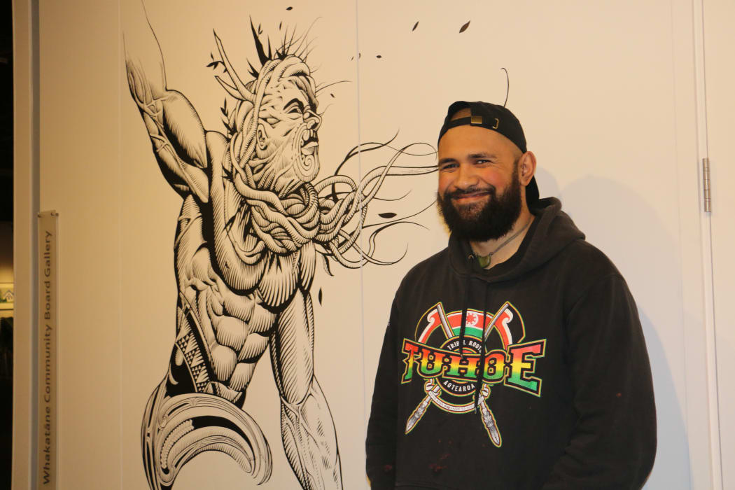 Artist Te Haunui Tuna at his exhibition space ATUA at Whakatane Exhibition Centre.