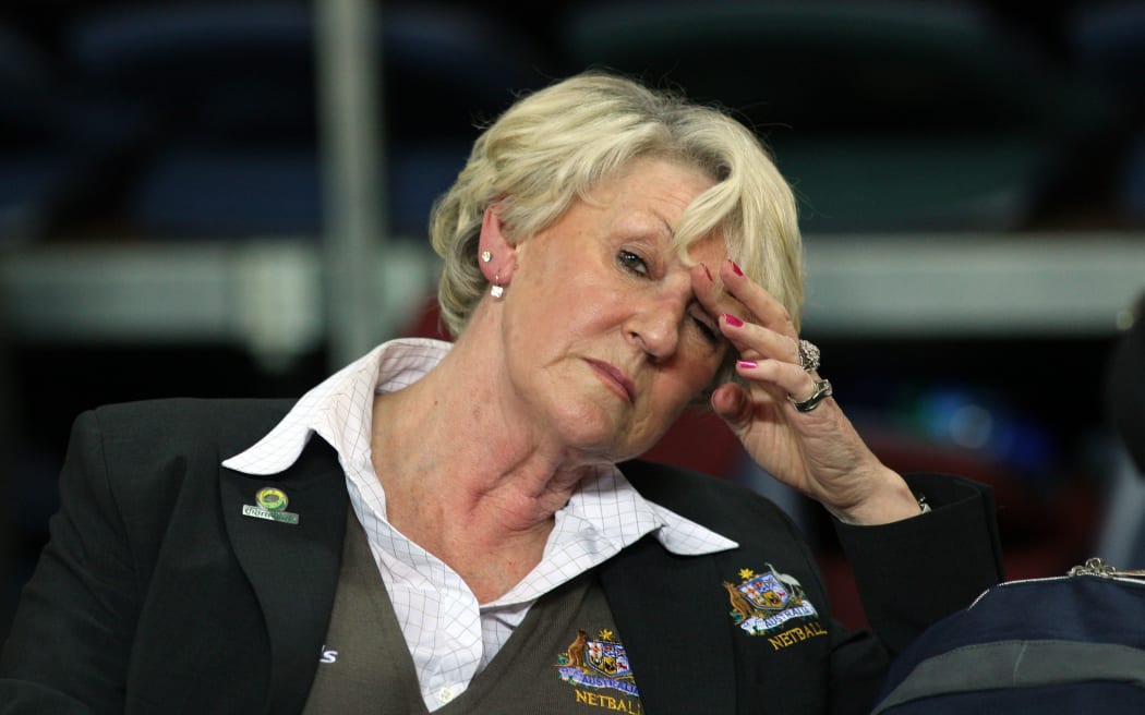 Australian Diamonds Coach Norma Plummer shows her disappointment after a record defeat to the New Zealand Silver Ferns 31-38.
Netball, New Zealand Silver Ferns vs Australia Diamonds, 2nd test match, Vector Arena, Auckland, Saturday 21 September 2008.