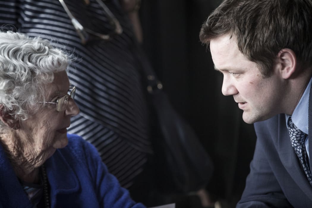 Hamish Walker, National candidate for Clutha/Southland speaks to residents in Winton.