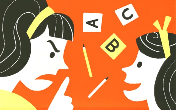 Stylised illustration of young girl telling off younger sister.