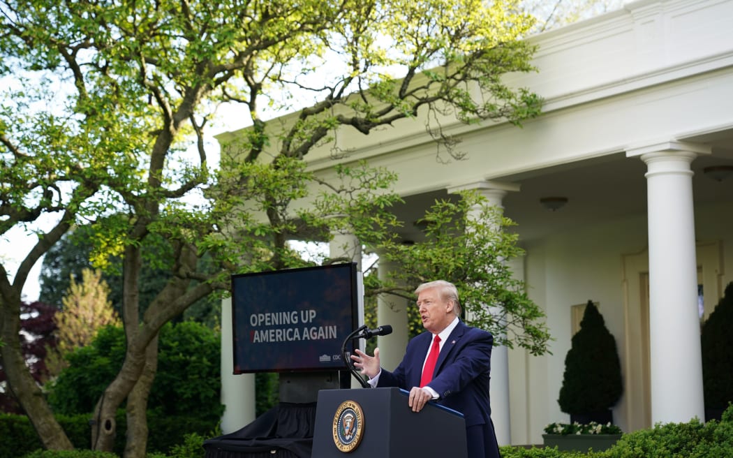 US President Donald Trump speaks during a news conference on the novel coronavirus, COVID-19, in the Rose Garden of the White House in Washington, DC on April 27, 2020.
